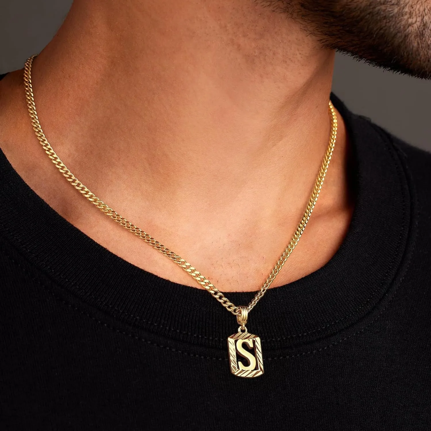KELORIS PATH Gold Initial Necklace for Women Men, 14K Gold Plated Square Letter Pendant Charm Necklace Cuban Chain Capital Alphabets from A-Z Jewelry