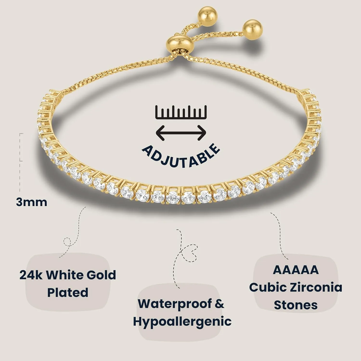 KISPER Adjustable Tennis Bracelet for Women - 18K White Gold or Gold Plated Round Cut AAAAA CZ, 2mm/3mm/4mm Dainty Cubic Zirconia Bracelet, Elegant Gift
