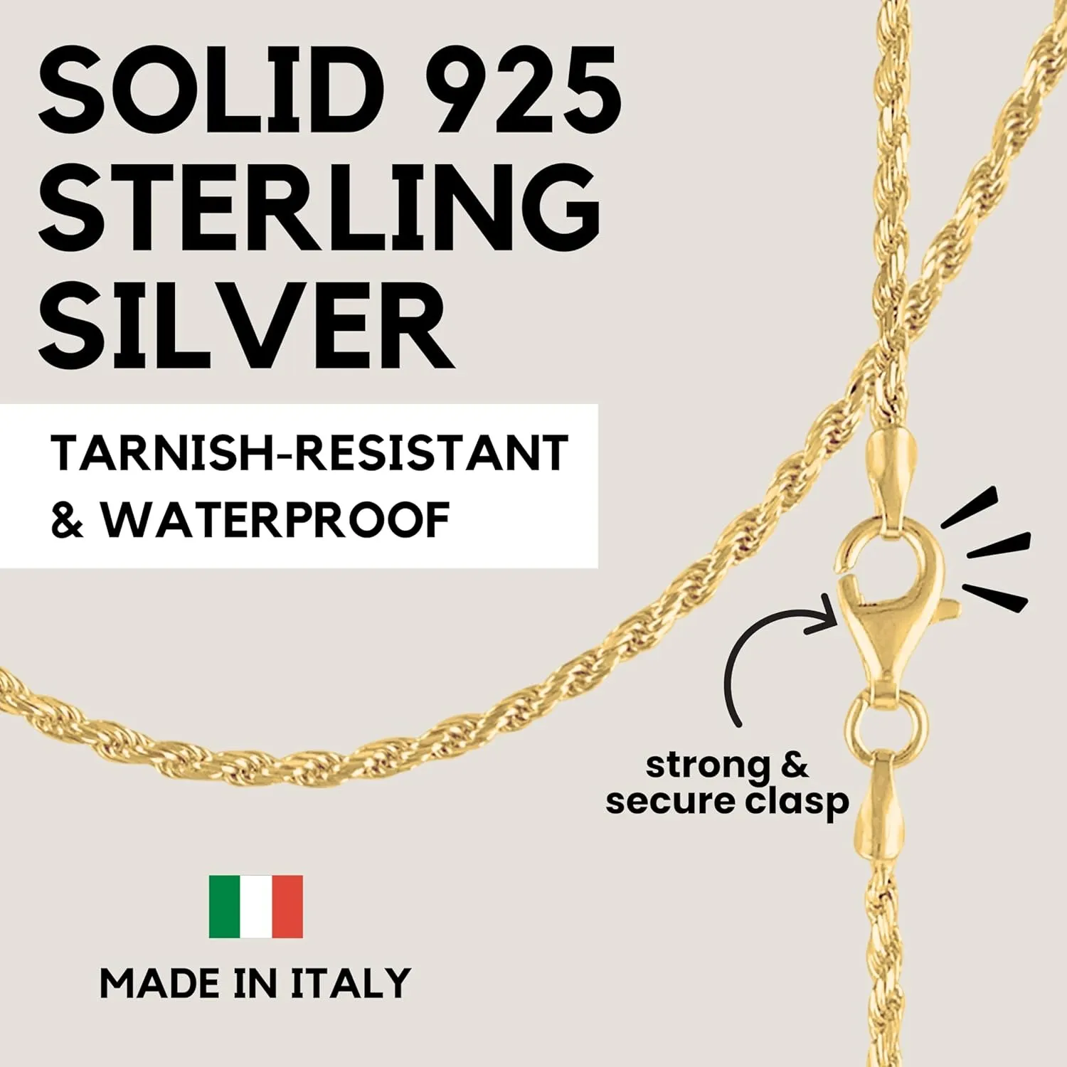 KISPER Solid 18K Gold Over 925 Sterling Silver Italian Diamond-Cut 1.5mm Braided Rope Chain Necklace - for Men & Women with Lobster Clasp - Made in Italy