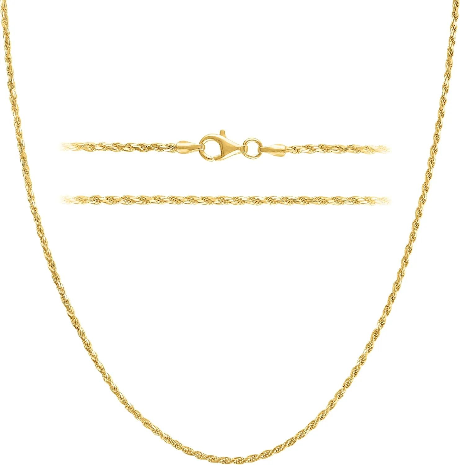 KISPER Solid 18K Gold Over 925 Sterling Silver Italian Diamond-Cut 1.5mm Braided Rope Chain Necklace - for Men & Women with Lobster Clasp - Made in Italy