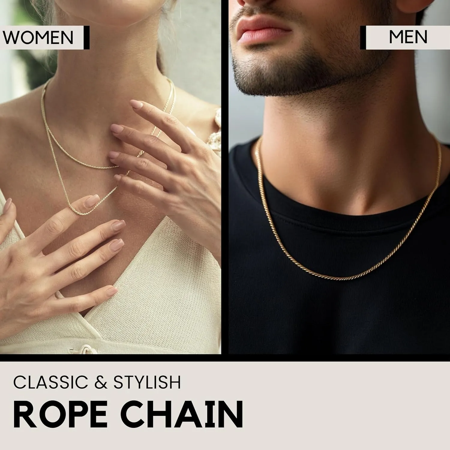 KISPER Solid 18K Gold Over 925 Sterling Silver Italian Diamond-Cut 1.5mm Braided Rope Chain Necklace - for Men & Women with Lobster Clasp - Made in Italy