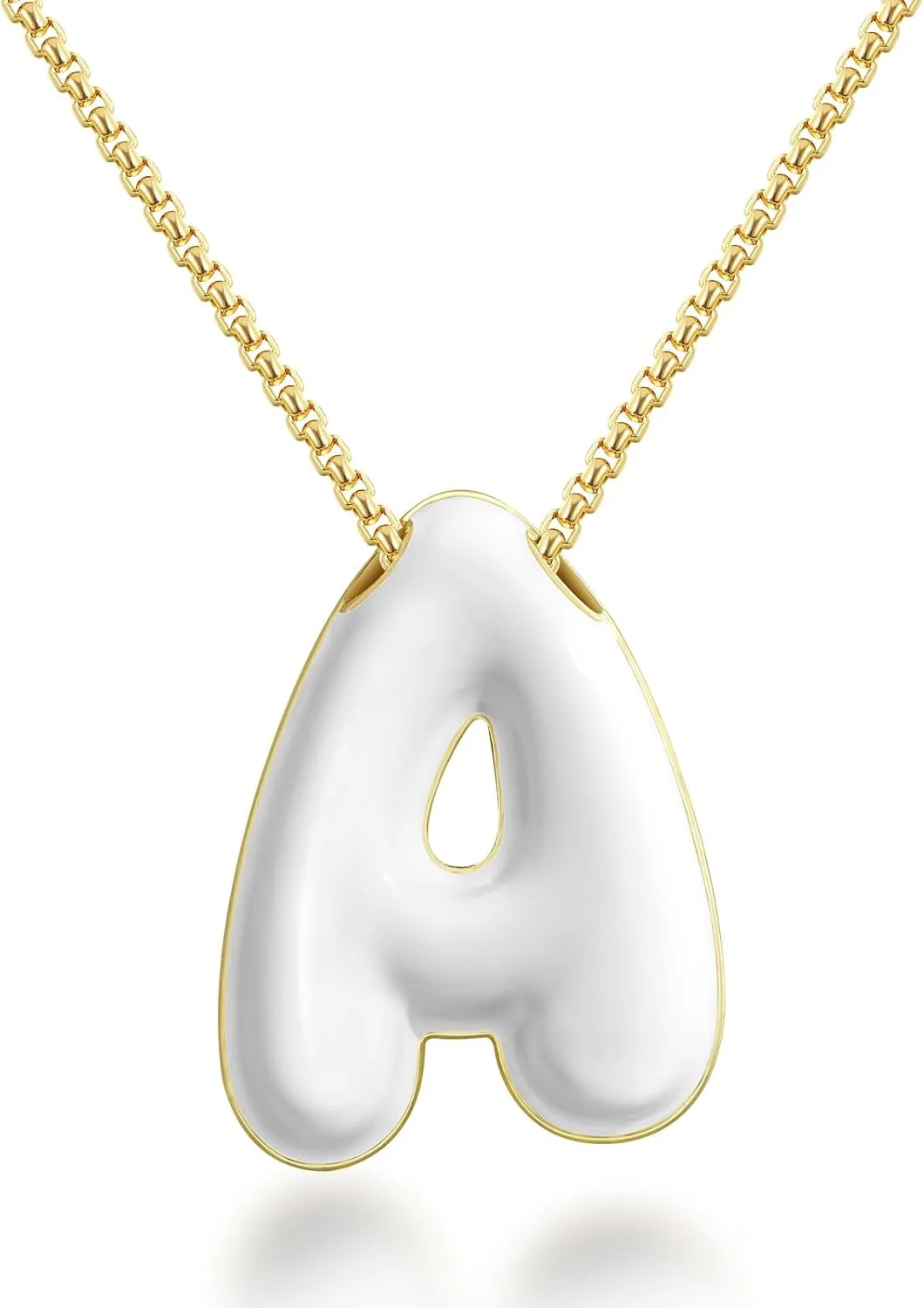 KissYan Bubble Letter Necklace, 14K Gold Plated Enamel Initial Pendant Box Chain Necklace Dainty Alphabet Jewelry for Women
