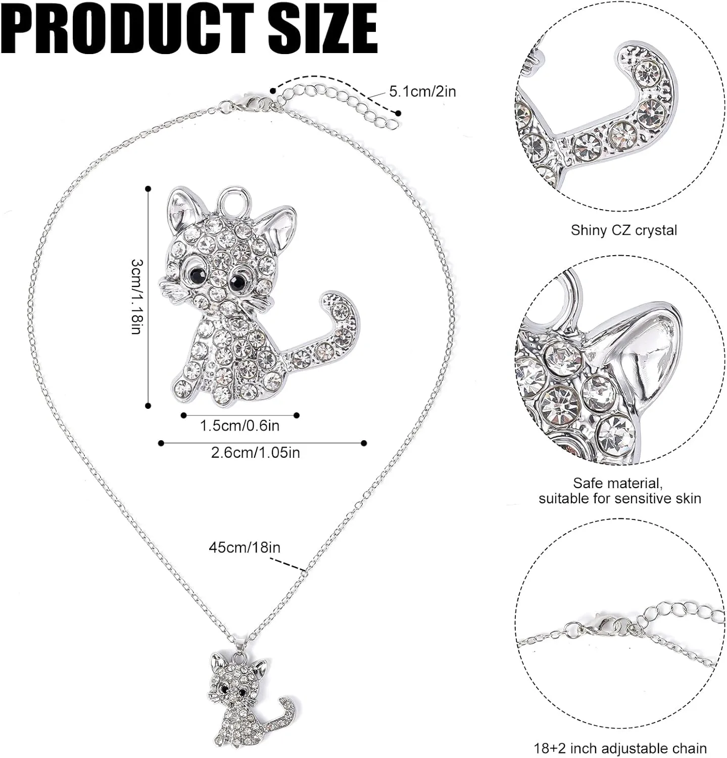 Kitty Pendant Necklace, 18 2 Inch Extension Chain Cute Small Cat Rhinestone Necklace Sparkling Cat Pendant Necklace Cat Jewelry Cat Necklace for Women Gifts