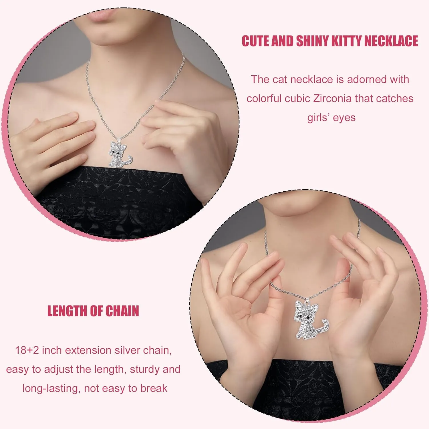Kitty Pendant Necklace, 18 2 Inch Extension Chain Cute Small Cat Rhinestone Necklace Sparkling Cat Pendant Necklace Cat Jewelry Cat Necklace for Women Gifts