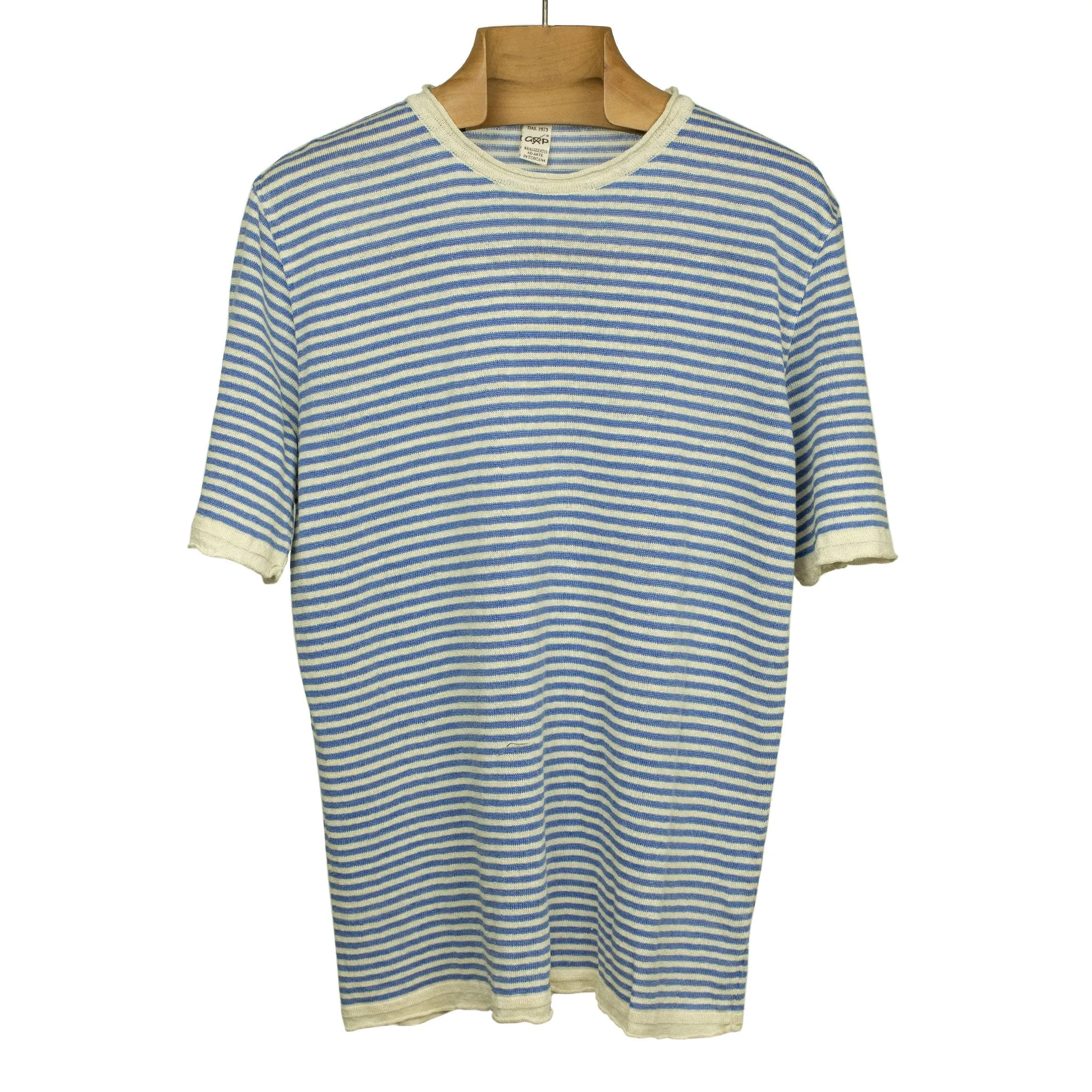 Knit short sleeve crew neck tee in blue with white striped linen (restock)