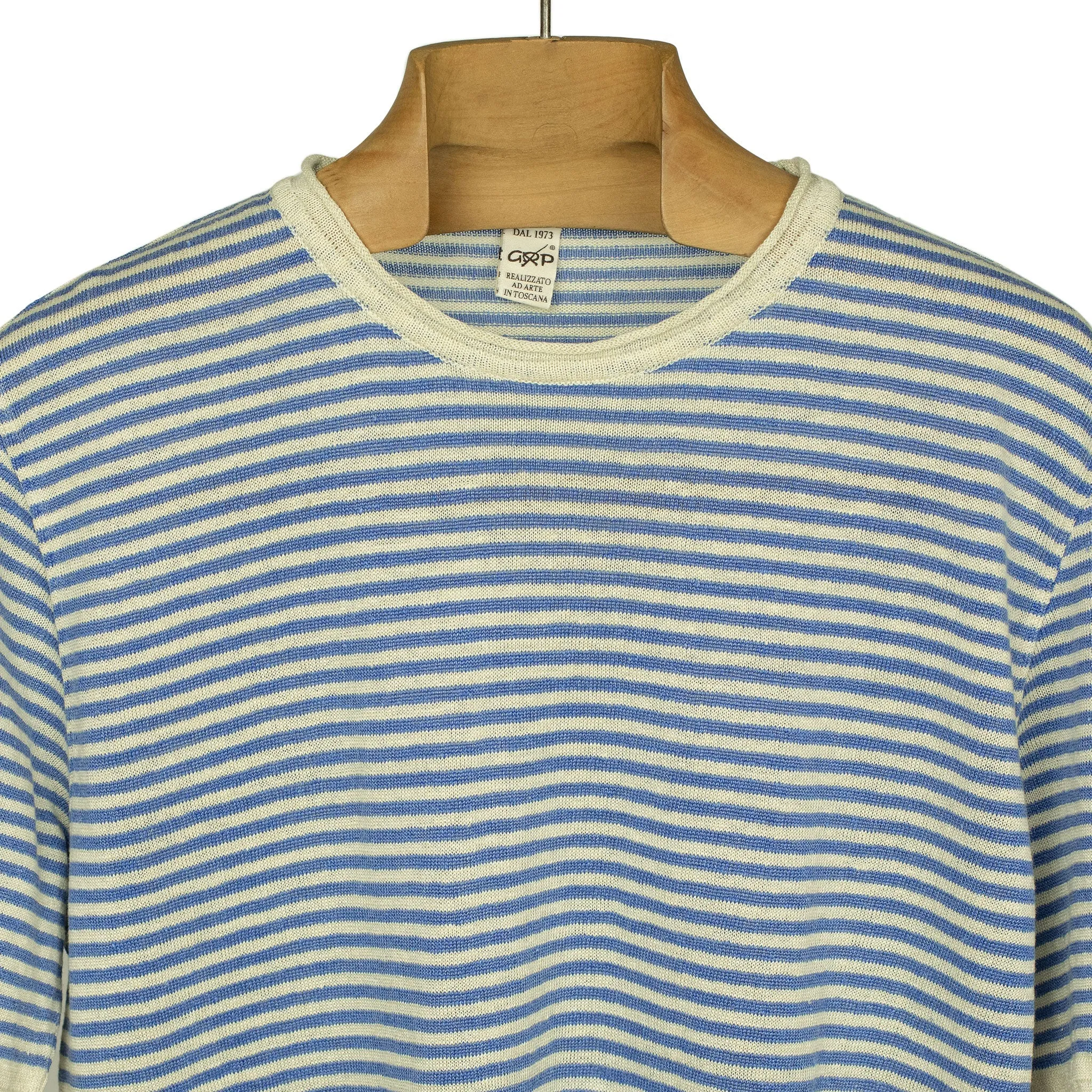 Knit short sleeve crew neck tee in blue with white striped linen (restock)