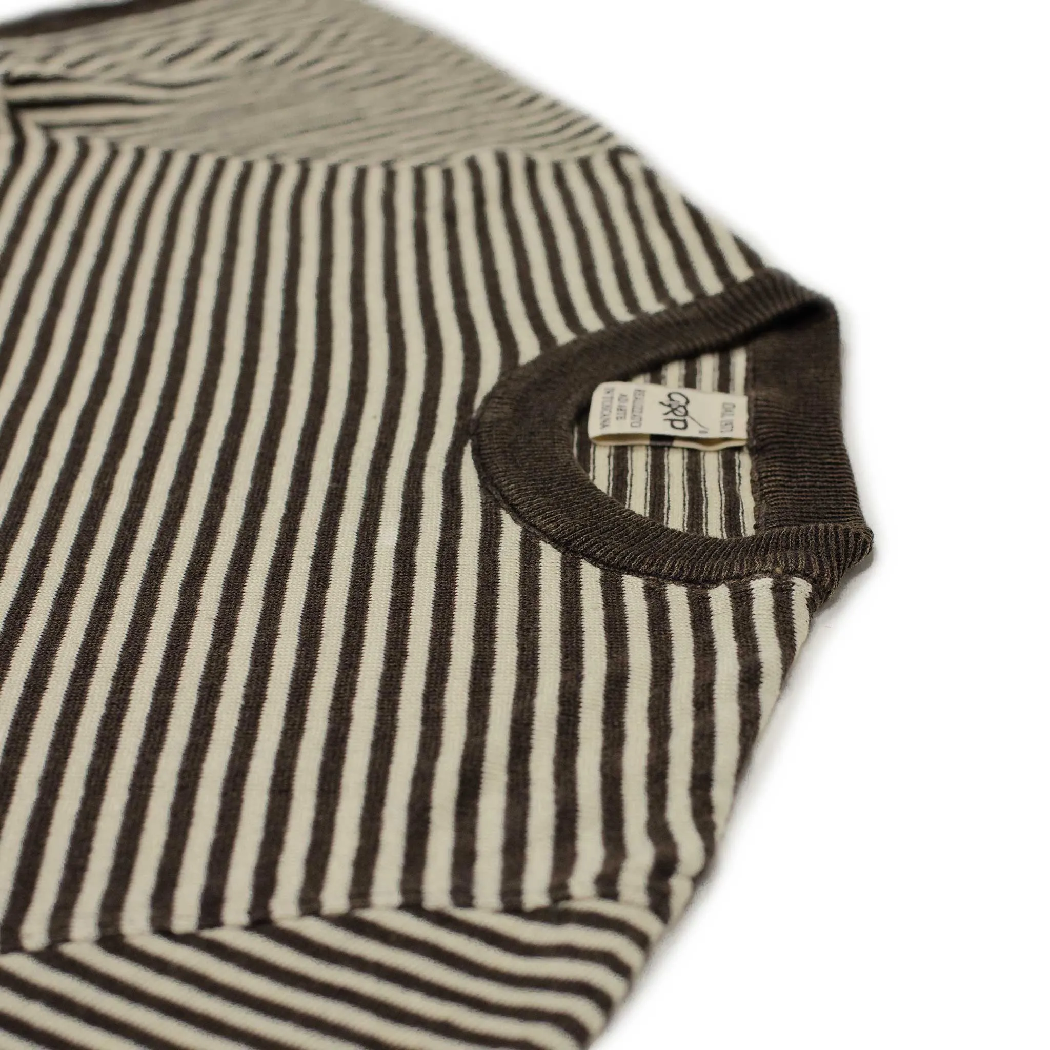 Knit short sleeve crewneck tee in brown with white striped linen (restock)