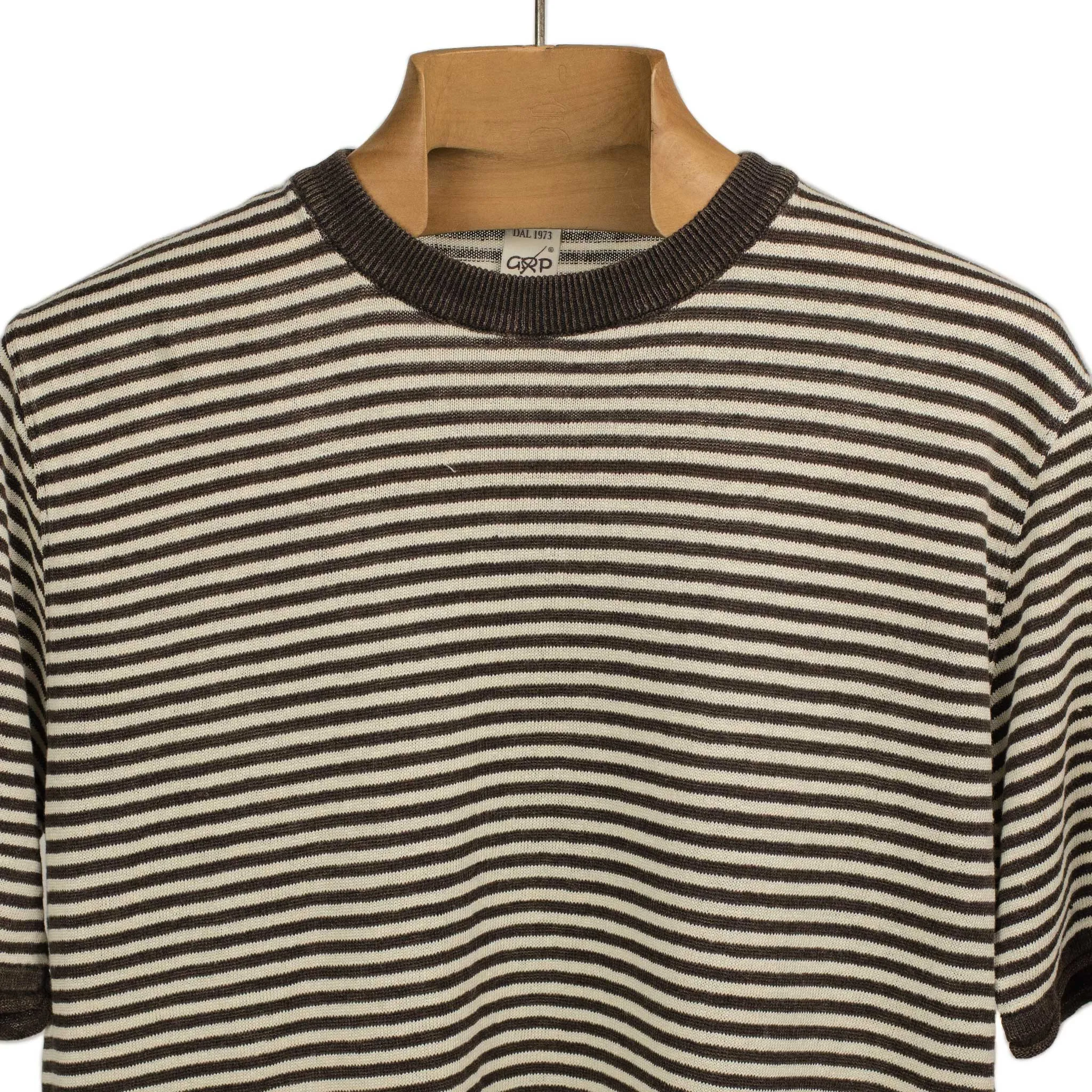 Knit short sleeve crewneck tee in brown with white striped linen (restock)