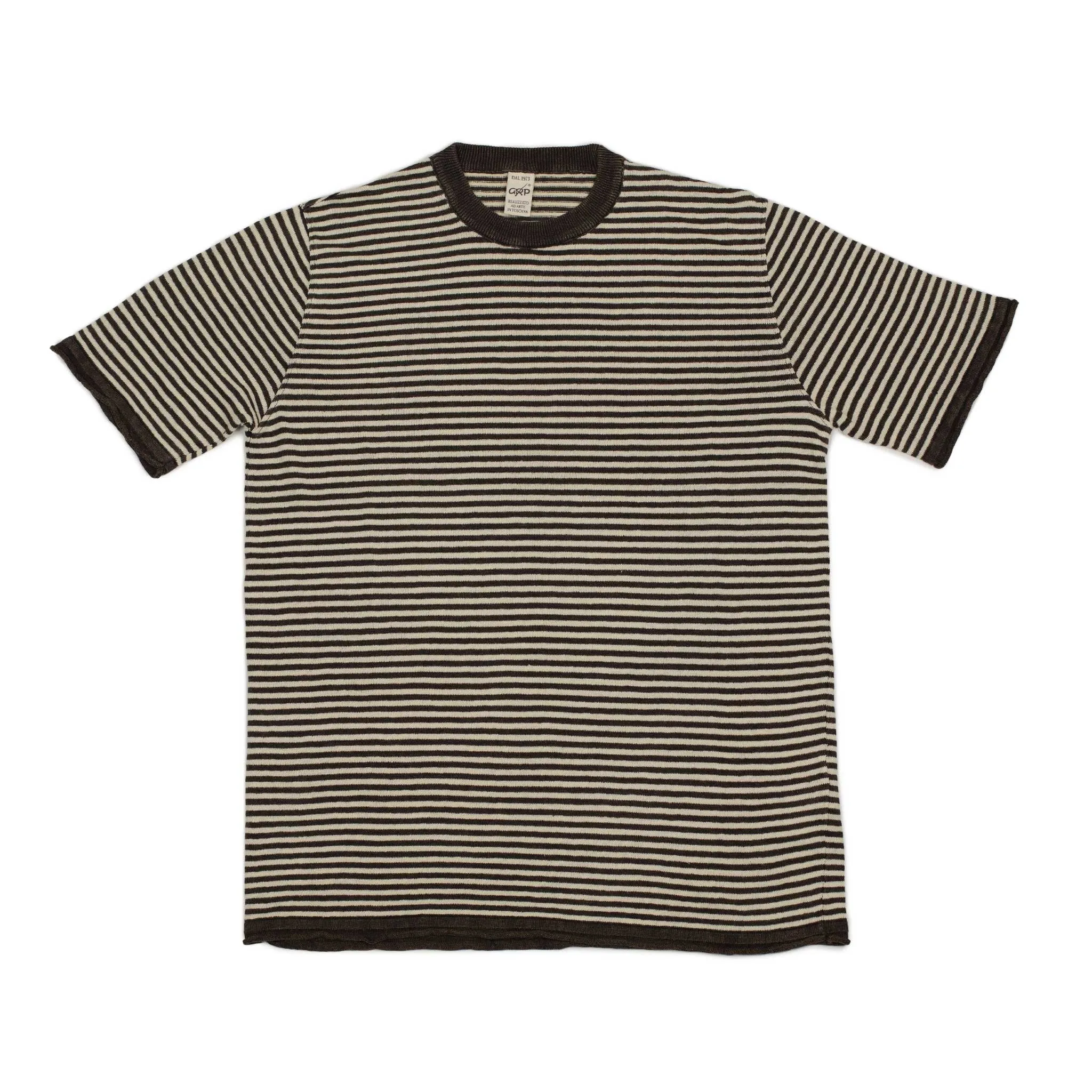 Knit short sleeve crewneck tee in brown with white striped linen (restock)