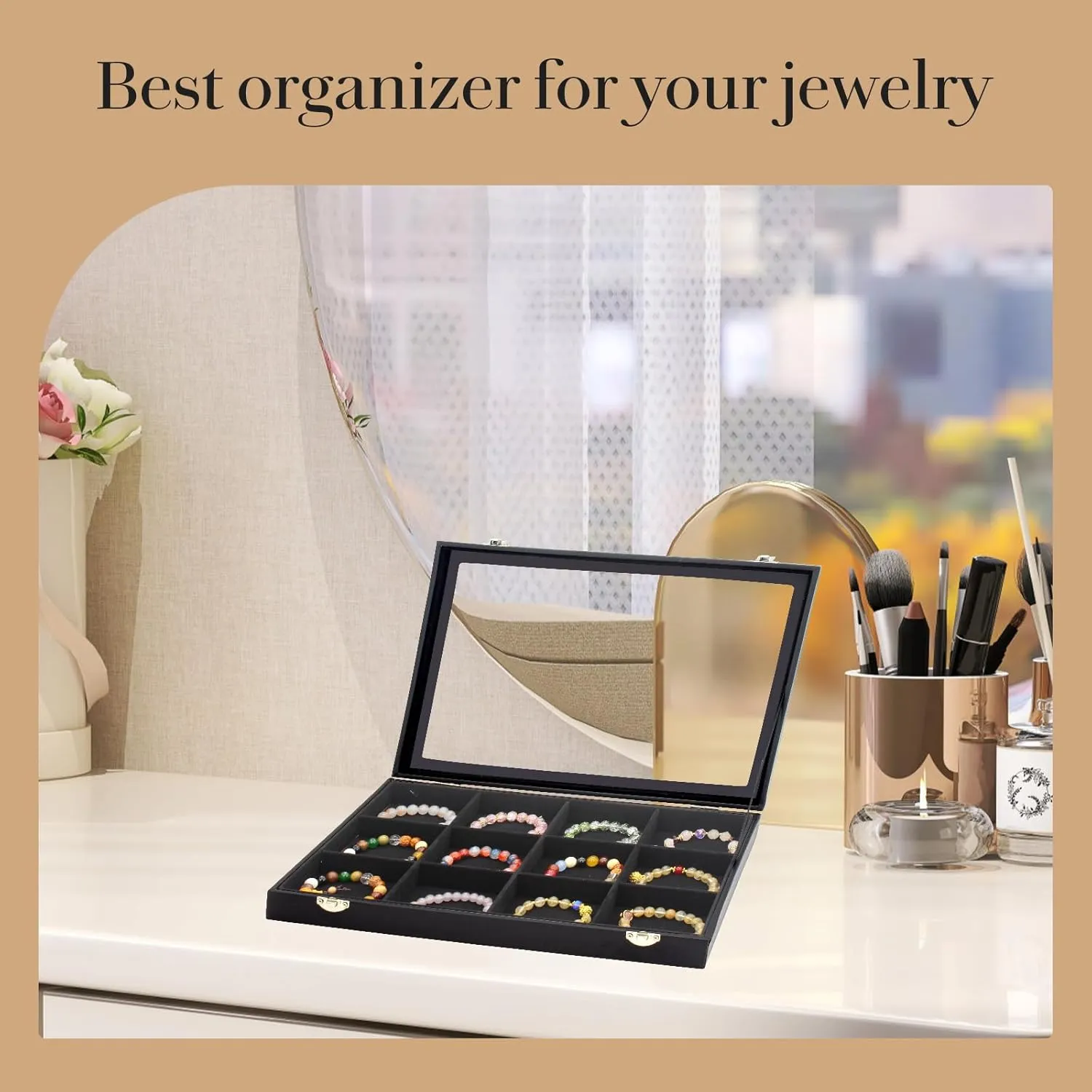 KOOAAICCHI Jewelry Tray Organizer with Clear Lid - 12 Grid Storage Display Case with Lock Earring Ring Organizer Showcase Gifts for Women-Black