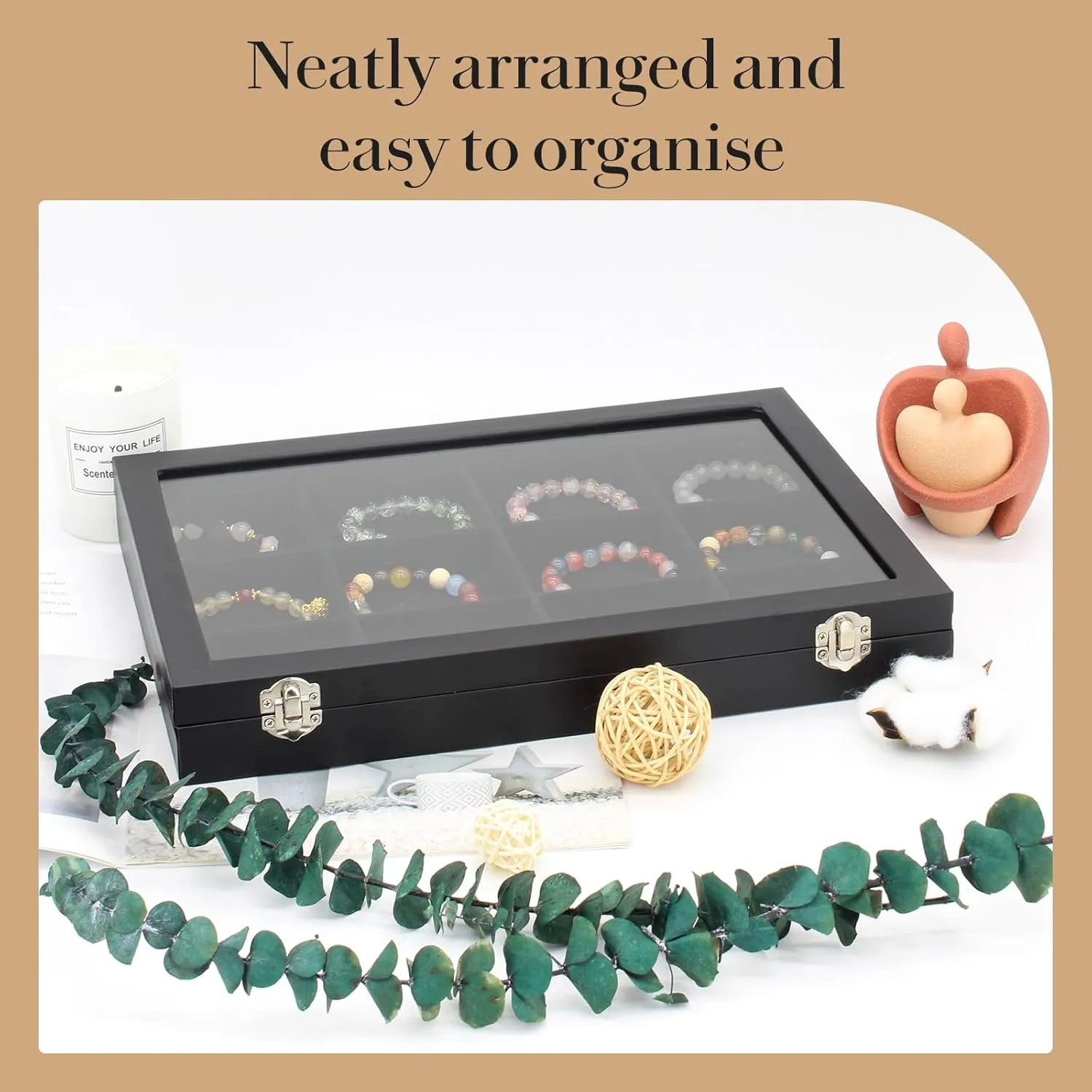 KOOAAICCHI Jewelry Tray Organizer with Clear Lid - 12 Grid Storage Display Case with Lock Earring Ring Organizer Showcase Gifts for Women-Black