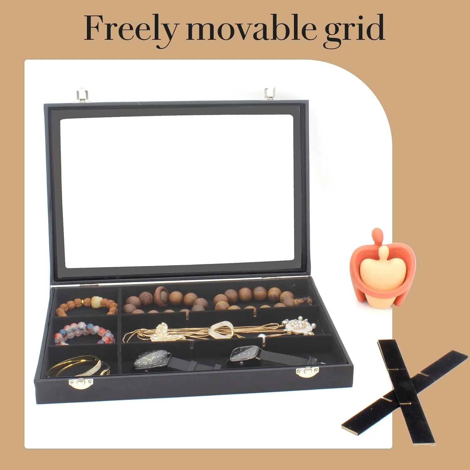 KOOAAICCHI Jewelry Tray Organizer with Clear Lid - 12 Grid Storage Display Case with Lock Earring Ring Organizer Showcase Gifts for Women-Black