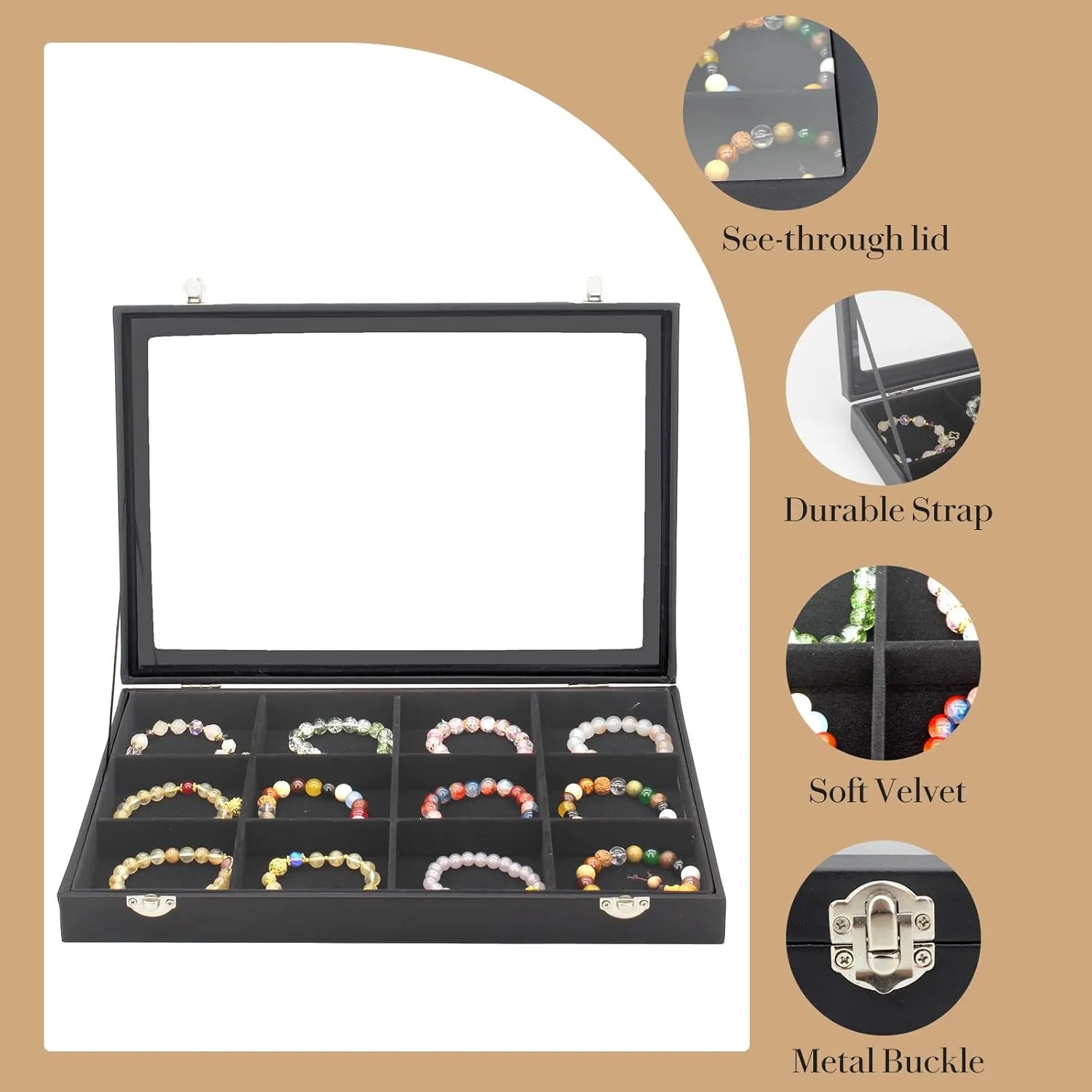 KOOAAICCHI Jewelry Tray Organizer with Clear Lid - 12 Grid Storage Display Case with Lock Earring Ring Organizer Showcase Gifts for Women-Black