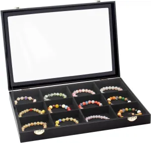 KOOAAICCHI Jewelry Tray Organizer with Clear Lid - 12 Grid Storage Display Case with Lock Earring Ring Organizer Showcase Gifts for Women-Black