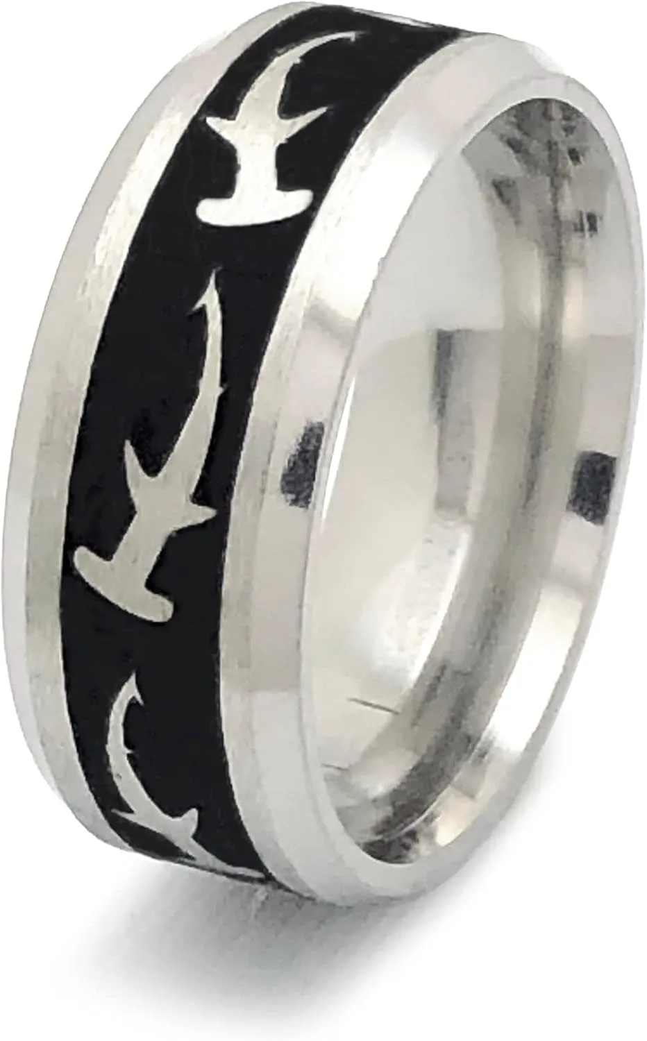 Kriskate & Co. 8mm Hammerhead Shark Wedding Band Ring For Men and Women, Stainless Steel Ring with Engraved Hammerhead Shark Anniversary Ring SSR905
