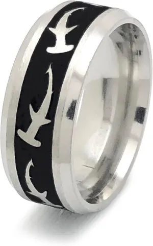 Kriskate & Co. 8mm Hammerhead Shark Wedding Band Ring For Men and Women, Stainless Steel Ring with Engraved Hammerhead Shark Anniversary Ring SSR905