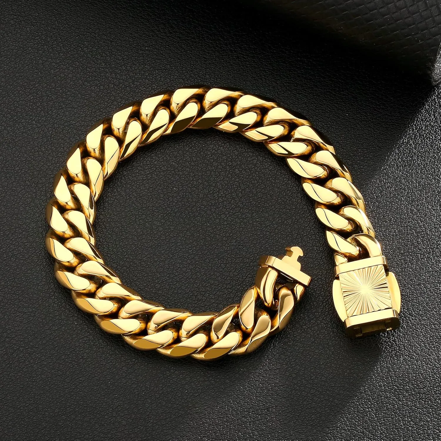 KRKC&CO 12/14mm Mens Cuban Link Bracelet, 18k Gold Plated Miami Thick Bracelet, Cross, Compass, Skulls Round, Carve Clasp, Durable Anti-tarnish Urban Street-wear Hip Hop Jewelry for Him