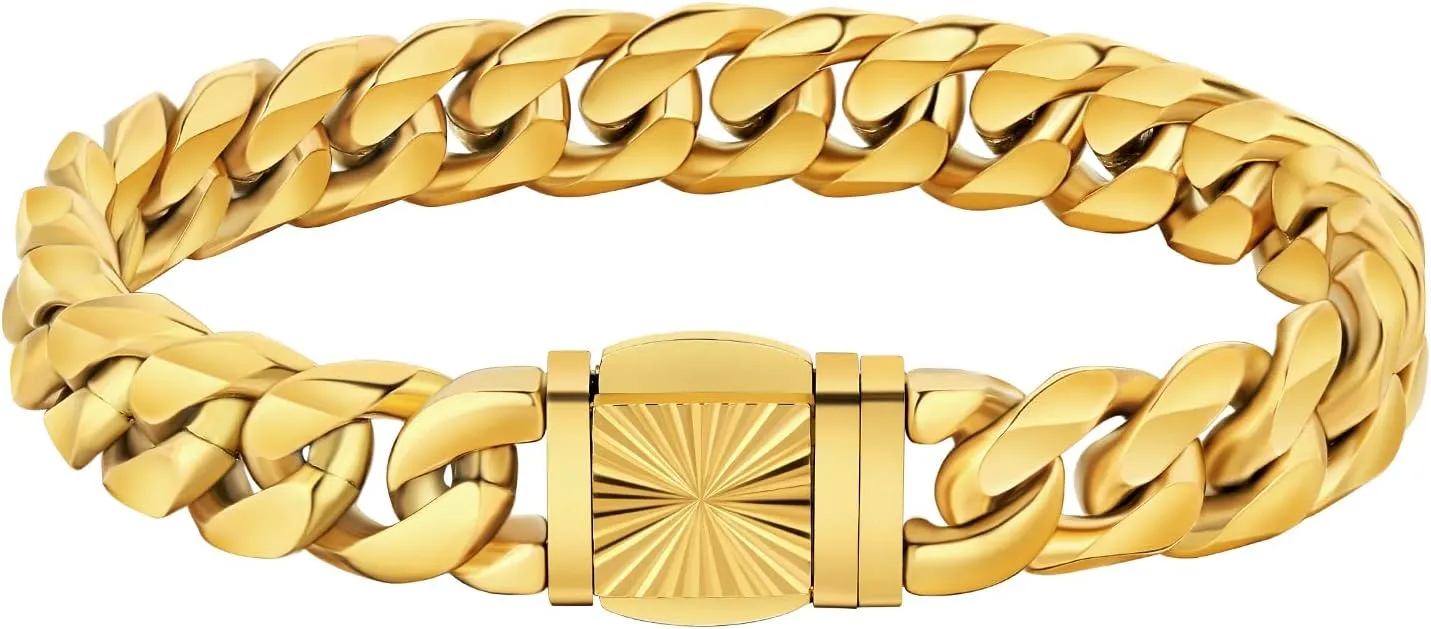 KRKC&CO 12/14mm Mens Cuban Link Bracelet, 18k Gold Plated Miami Thick Bracelet, Cross, Compass, Skulls Round, Carve Clasp, Durable Anti-tarnish Urban Street-wear Hip Hop Jewelry for Him