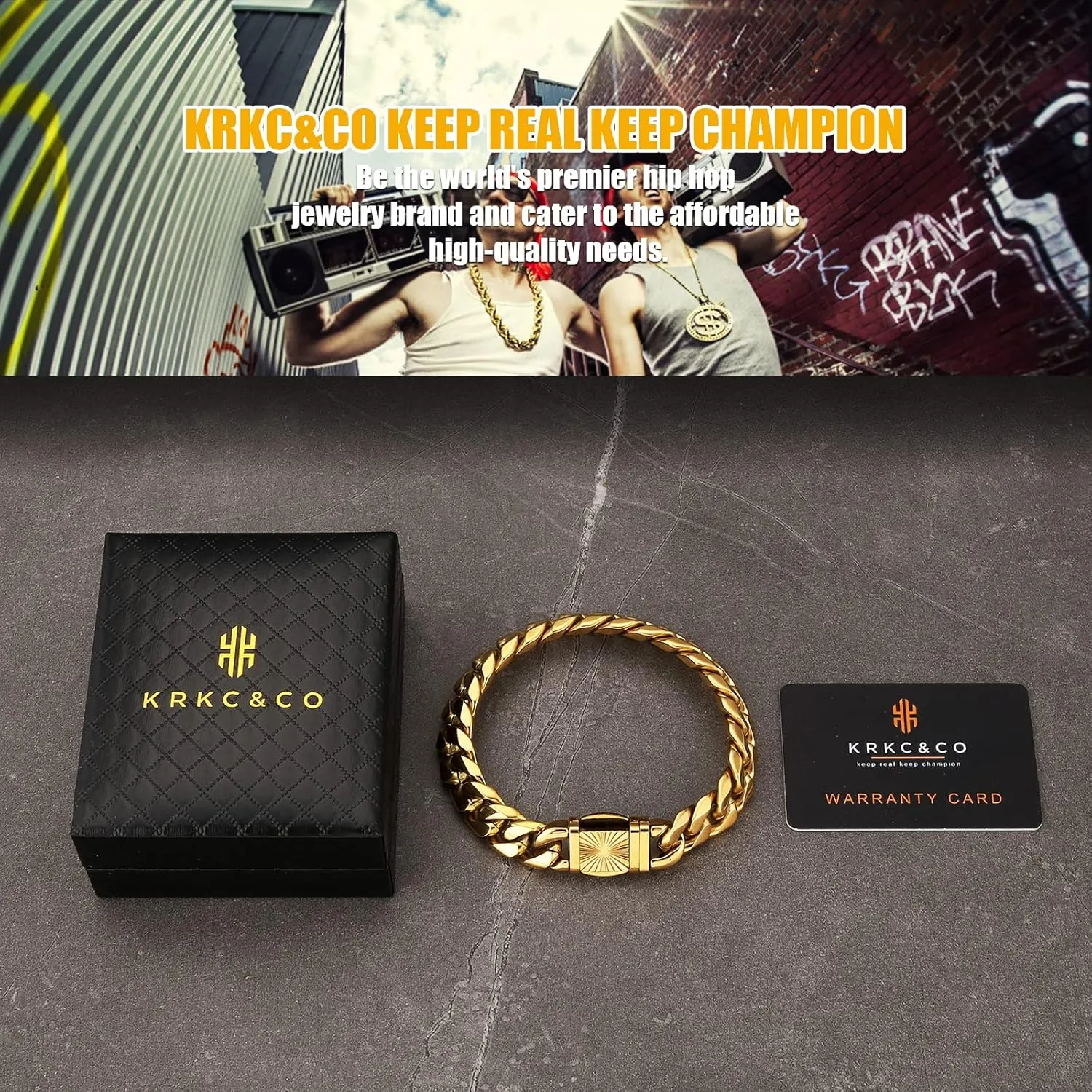 KRKC&CO 12/14mm Mens Cuban Link Bracelet, 18k Gold Plated Miami Thick Bracelet, Cross, Compass, Skulls Round, Carve Clasp, Durable Anti-tarnish Urban Street-wear Hip Hop Jewelry for Him
