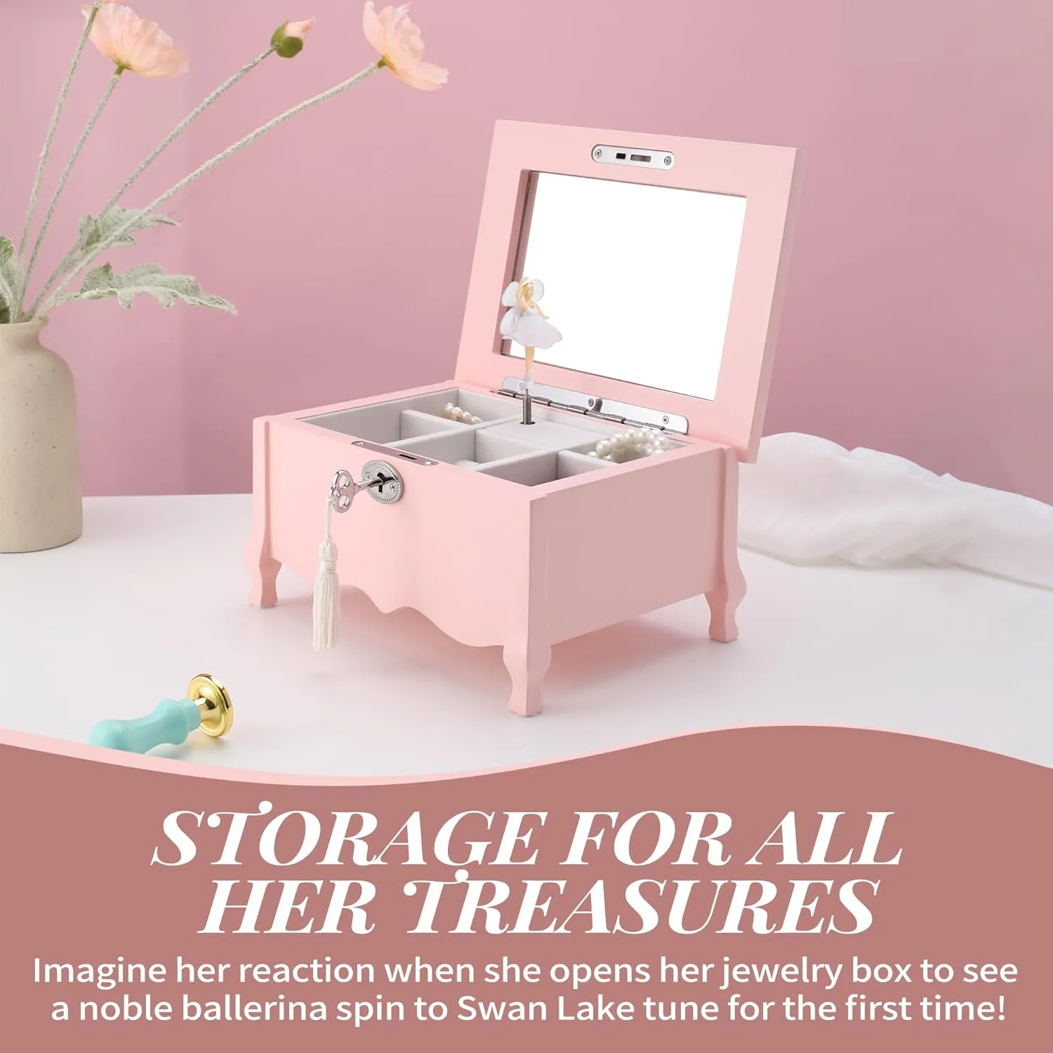 Large Footed Ballerina Musical Jewelry Box With Mirror and Lock For Girls-Pink Kid's Jewelry Storage Box,Children's Jewelry organizer Trinket Box for Holidays