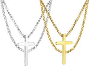Layered Cross Necklace for Men 14K Gold Silver Stainless Steel Cuban Link Cross Chain Necklace for Men Religious Jewelry Gifts