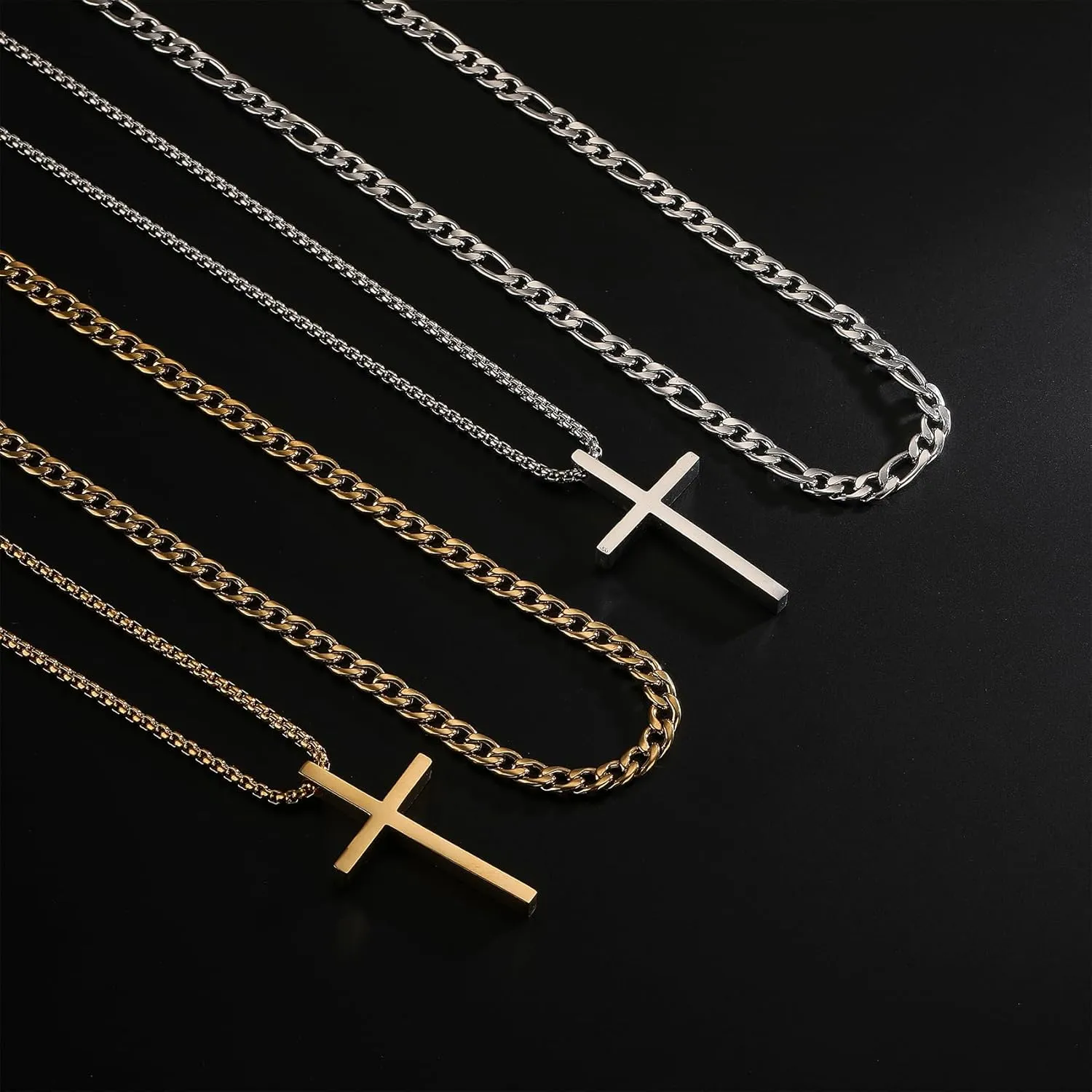 Layered Cross Necklace for Men 14K Gold Silver Stainless Steel Cuban Link Cross Chain Necklace for Men Religious Jewelry Gifts