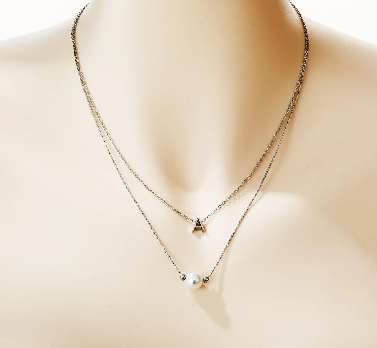 Layered Initial Pearl Necklace Tiny A-Z Pendant Choker Necklace Single Pearl Necklace for Women