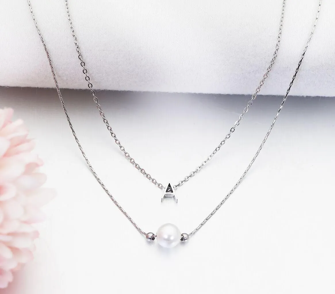 Layered Initial Pearl Necklace Tiny A-Z Pendant Choker Necklace Single Pearl Necklace for Women