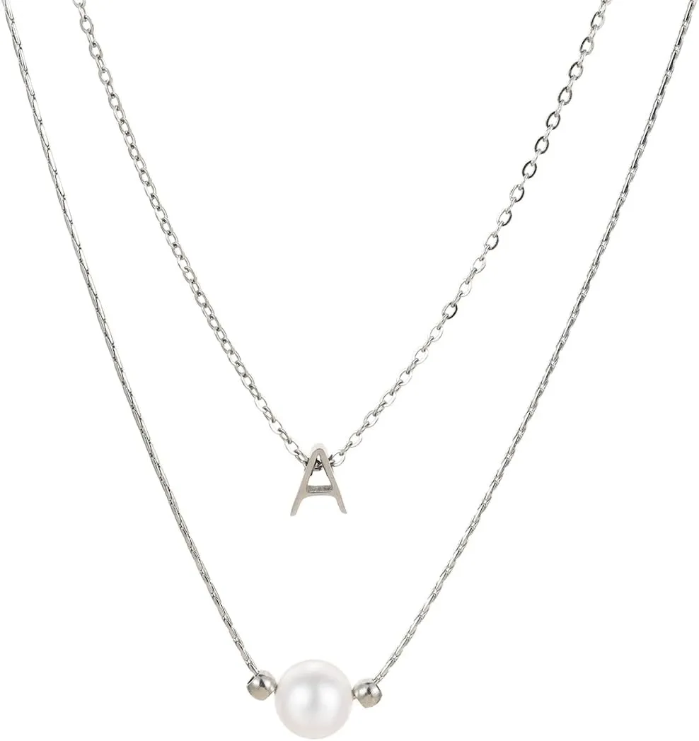 Layered Initial Pearl Necklace Tiny A-Z Pendant Choker Necklace Single Pearl Necklace for Women