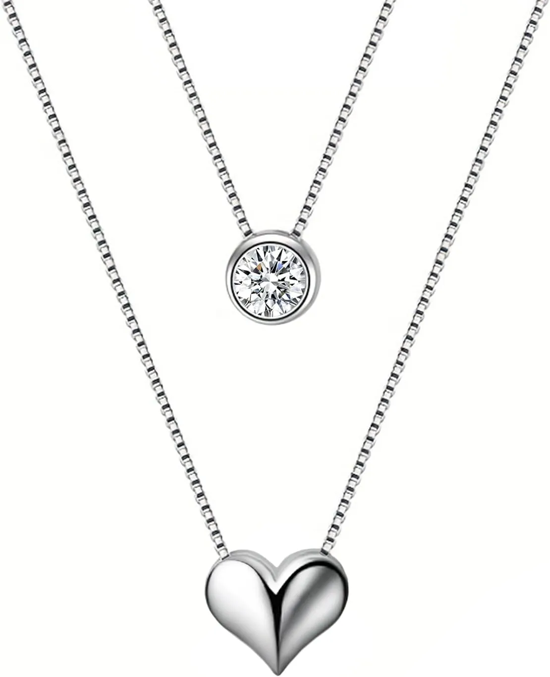 Layered Necklace for Women Sterling Silver Heart Necklace with CZ Stacked Cute Love Choker Pendant Necklace Tiny Chain Jewelry Gifts for Daughter Wife Mom Girlfriend Anniversary