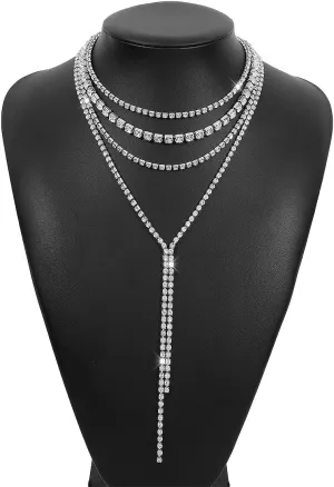 Layered Rhinestone Necklace Y Rhinestone Necklace Sparkly Crystal Necklace Chain Crystal Long Choker Chain Tassel Bib Choker for Women - Silver