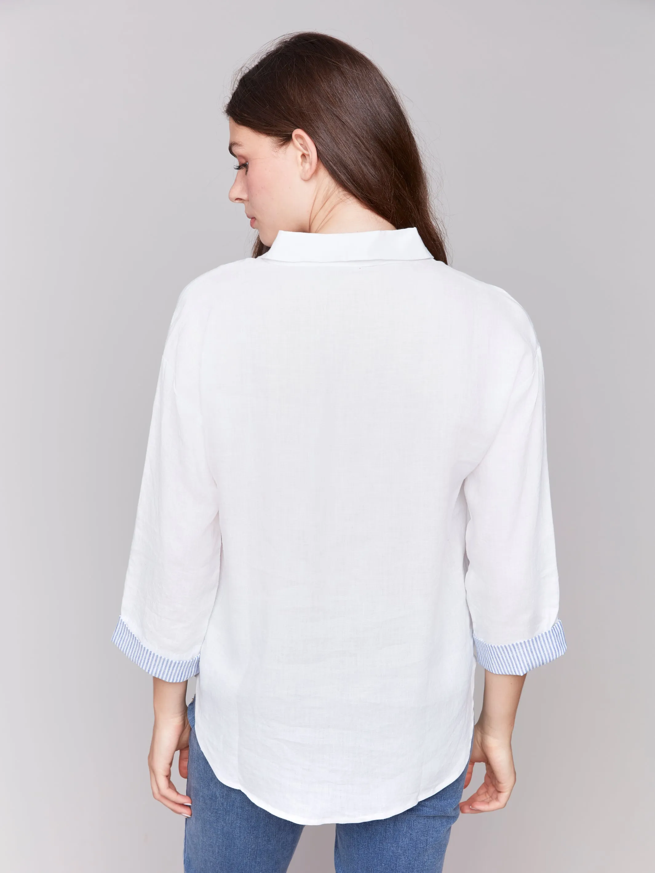 Linen Blend Shirt with Striped Cuffs White by Charlie B