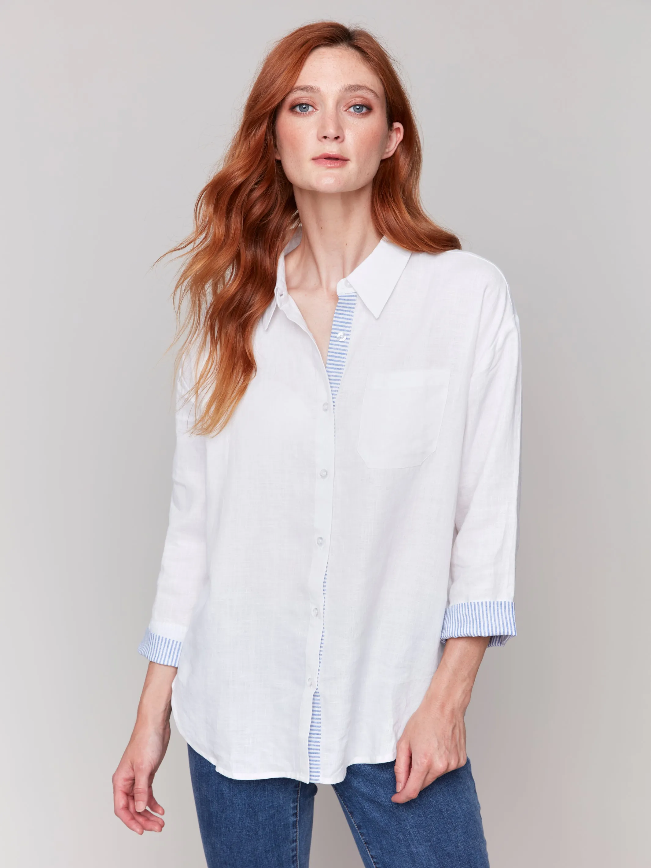 Linen Blend Shirt with Striped Cuffs White by Charlie B
