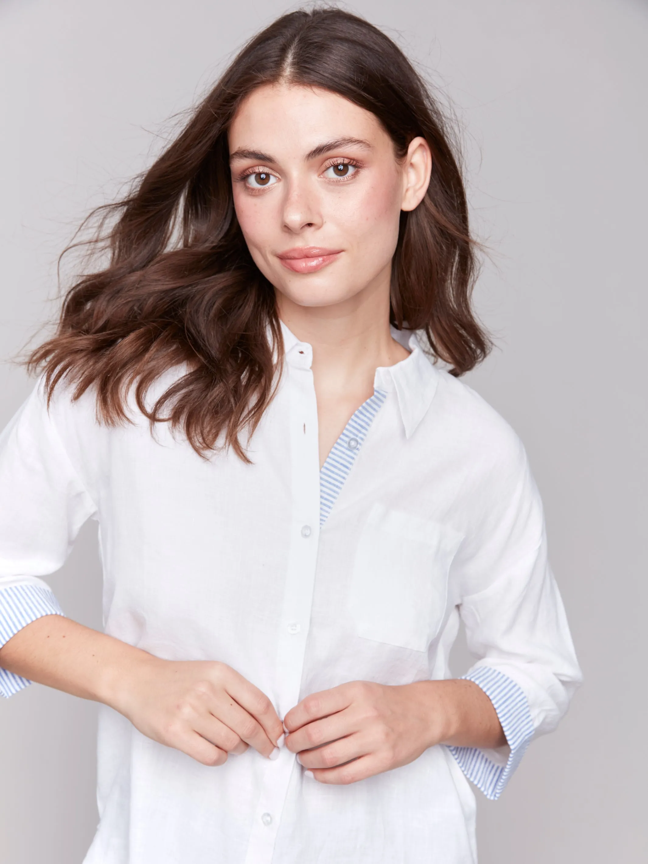 Linen Blend Shirt with Striped Cuffs White by Charlie B