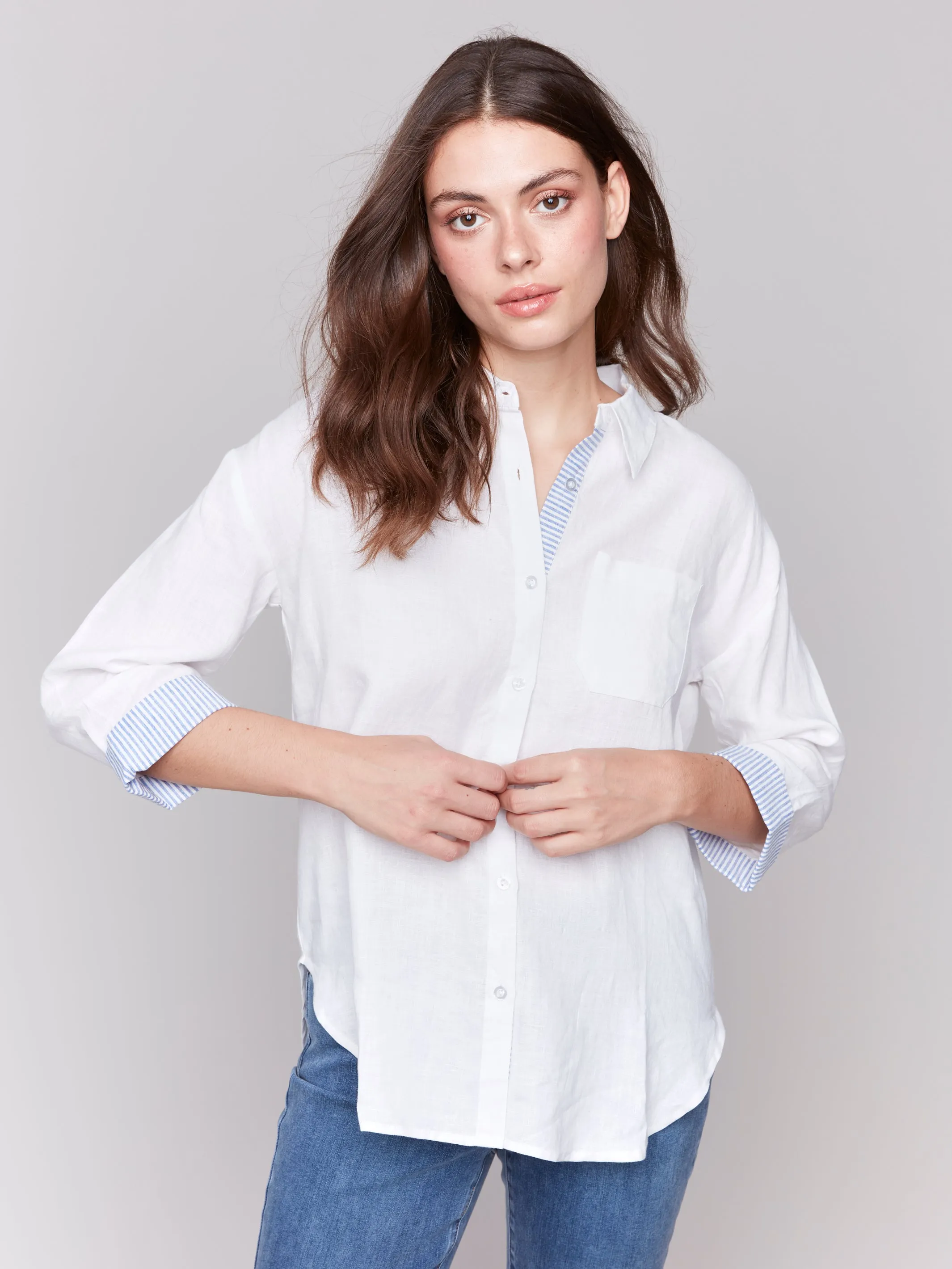 Linen Blend Shirt with Striped Cuffs White by Charlie B
