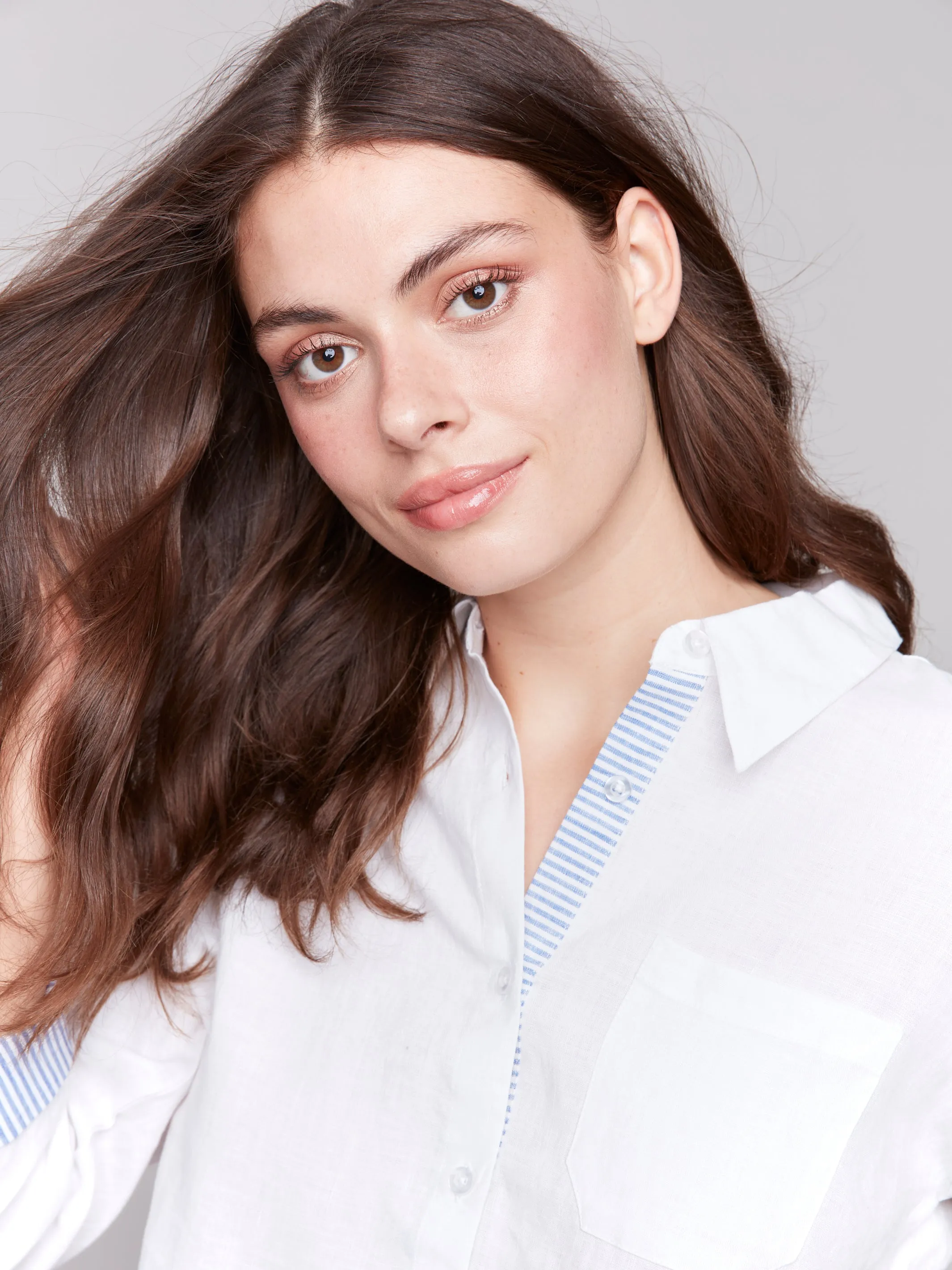 Linen Blend Shirt with Striped Cuffs White by Charlie B