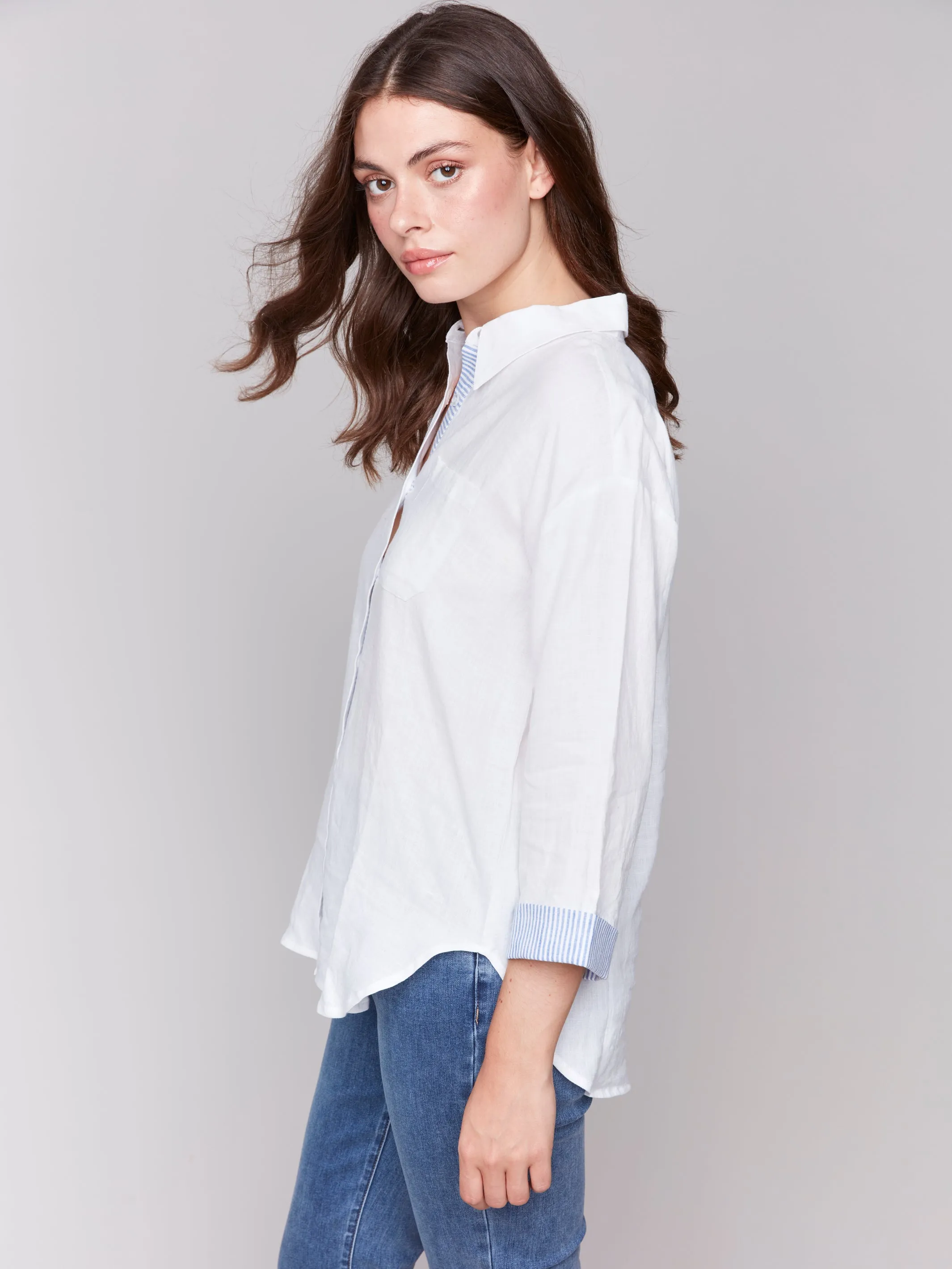 Linen Blend Shirt with Striped Cuffs White by Charlie B
