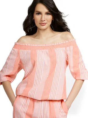 Linen-Blend Striped Off-The-Shoulder Smocked Top