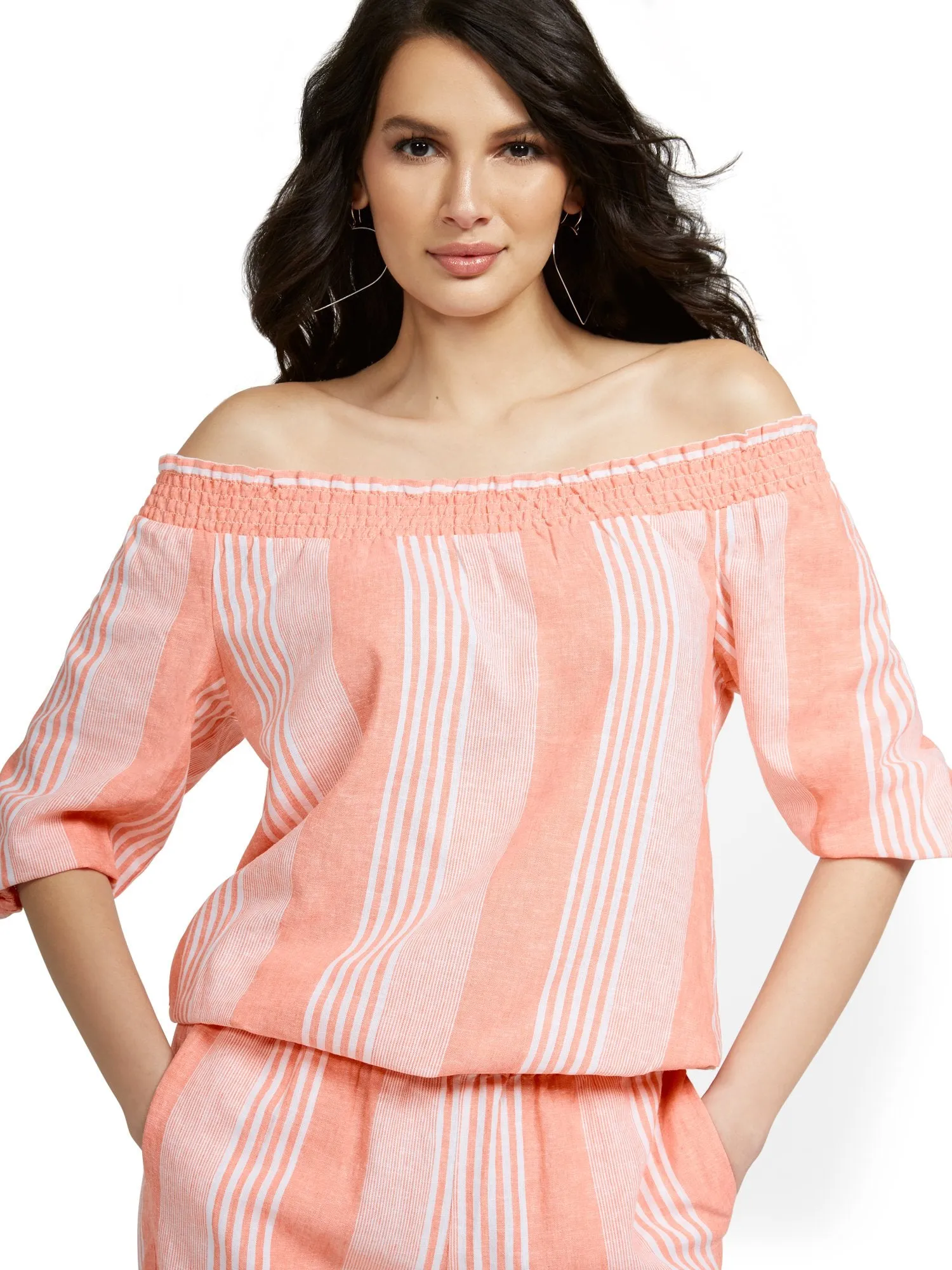 Linen-Blend Striped Off-The-Shoulder Smocked Top