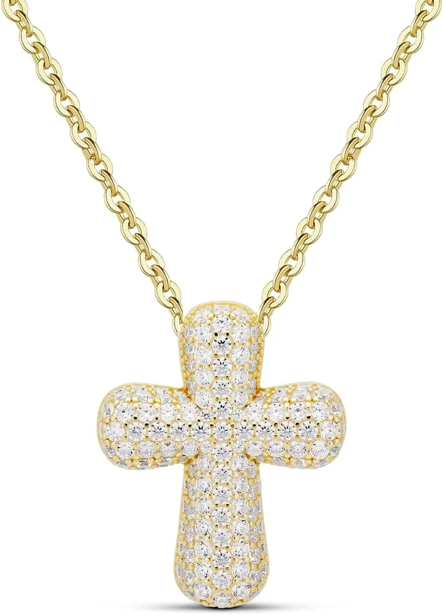 LIU JUN Bubble Cross Necklace For Women, 14k Gold Plated Cubic Zirconia Balloon Cross Pendant Cuban Chain Charm Statement Simple Faith Gift Jewelry