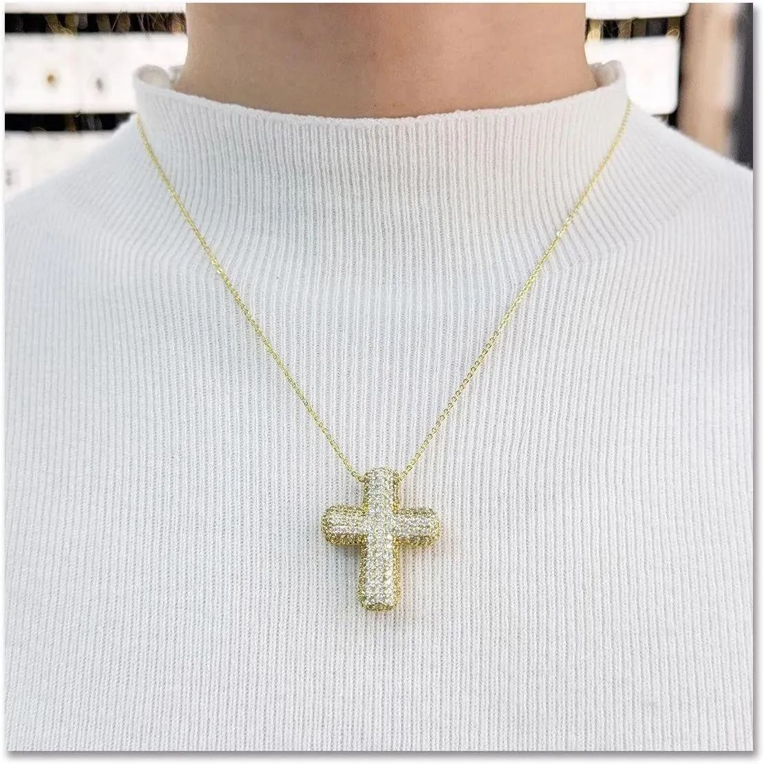 LIU JUN Bubble Cross Necklace For Women, 14k Gold Plated Cubic Zirconia Balloon Cross Pendant Cuban Chain Charm Statement Simple Faith Gift Jewelry