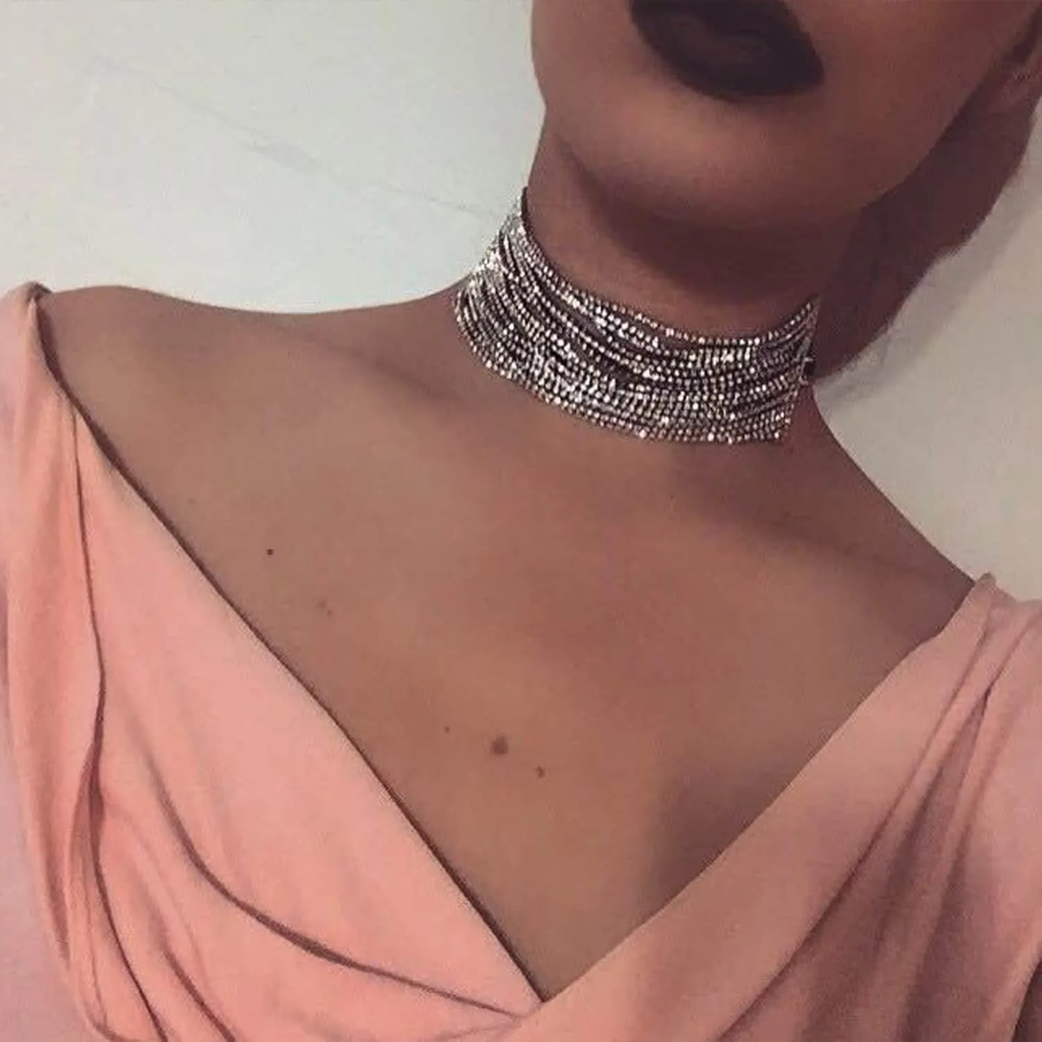 Long tiantian Rhinestone Necklace for Women Multi Layered Rhinestone Choker Necklace Sparkly Crystal Necklace Silver Wedding Prom Jewelry Accessories