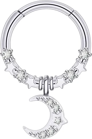 Longbeauty 16G Dangle Septum Rings Clicker Nose Rings Septum Jewelry with CZ Star Moon Planet Surgical Steel Cartilage Daith Helix Tragus Earrings Nose Piercing for Women Men