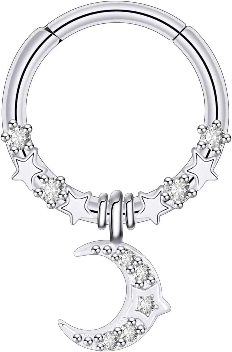 Longbeauty 16G Dangle Septum Rings Clicker Nose Rings Septum Jewelry with CZ Star Moon Planet Surgical Steel Cartilage Daith Helix Tragus Earrings Nose Piercing for Women Men