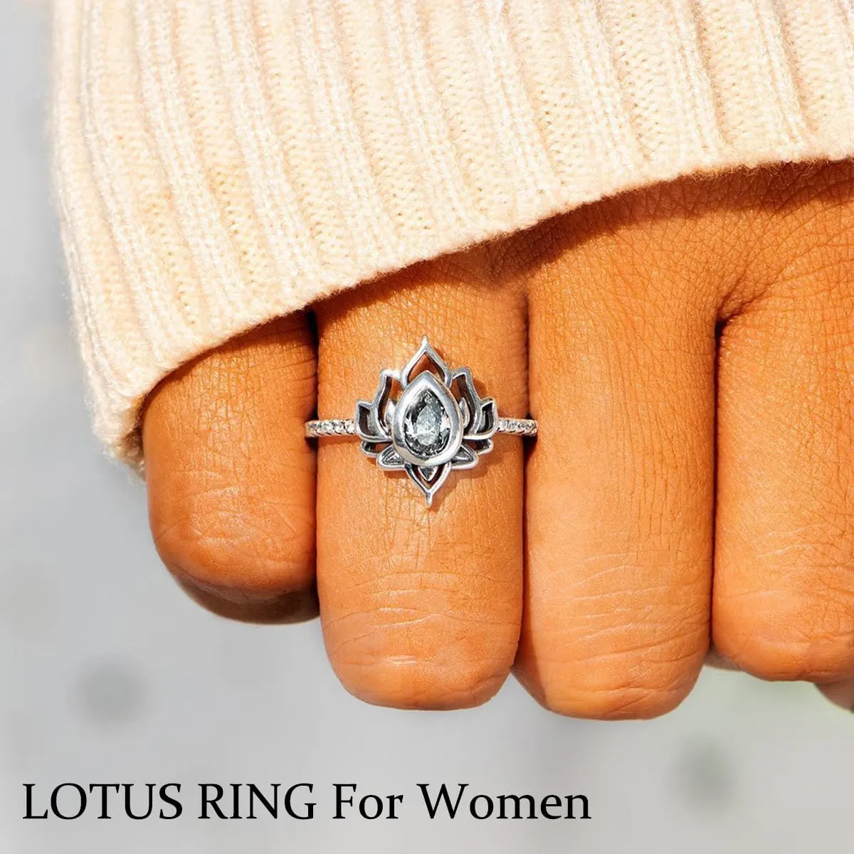 Lotus Flower Ring for Women, S925 FK MY TRAUMA Cubic Zirconia Inlaid Begin Again No Mud No Lotus Jewelry Let Go of Your Trauma Inspirational Gift for Sisters with Motivational Card Elegant Ring