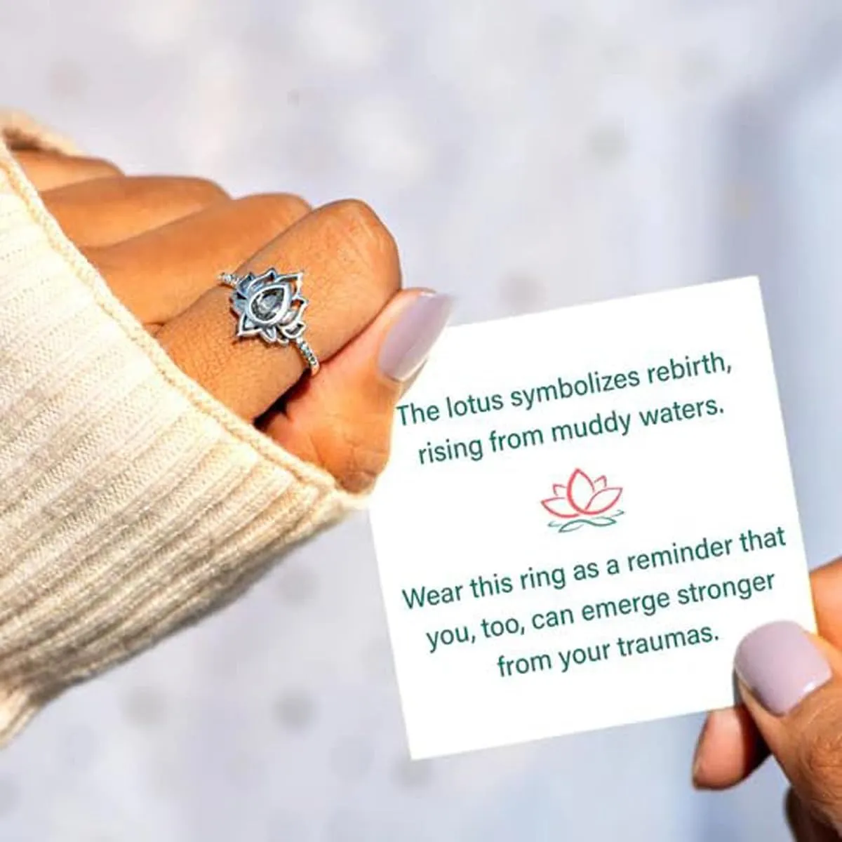 Lotus Flower Ring for Women, S925 FK MY TRAUMA Cubic Zirconia Inlaid Begin Again No Mud No Lotus Jewelry Let Go of Your Trauma Inspirational Gift for Sisters with Motivational Card Elegant Ring