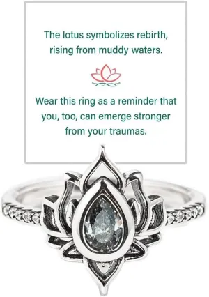 Lotus Flower Ring for Women, S925 FK MY TRAUMA Cubic Zirconia Inlaid Begin Again No Mud No Lotus Jewelry Let Go of Your Trauma Inspirational Gift for Sisters with Motivational Card Elegant Ring