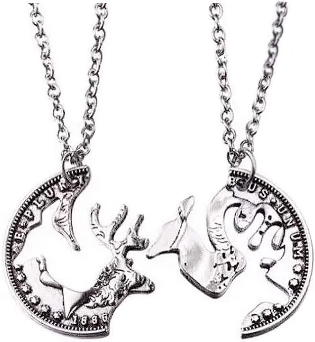 Love Elk Interlocking Necklace Set for Women Men Couples Stainless Steel Quarter Coin Deer Heads Pendant Chain Relationship Necklaces Valentine Anniversary Jewelry Gift for Friends