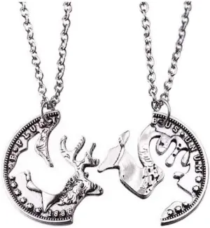Love Elk Interlocking Necklace Set for Women Men Couples Stainless Steel Quarter Coin Deer Heads Pendant Chain Relationship Necklaces Valentine Anniversary Jewelry Gift for Friends