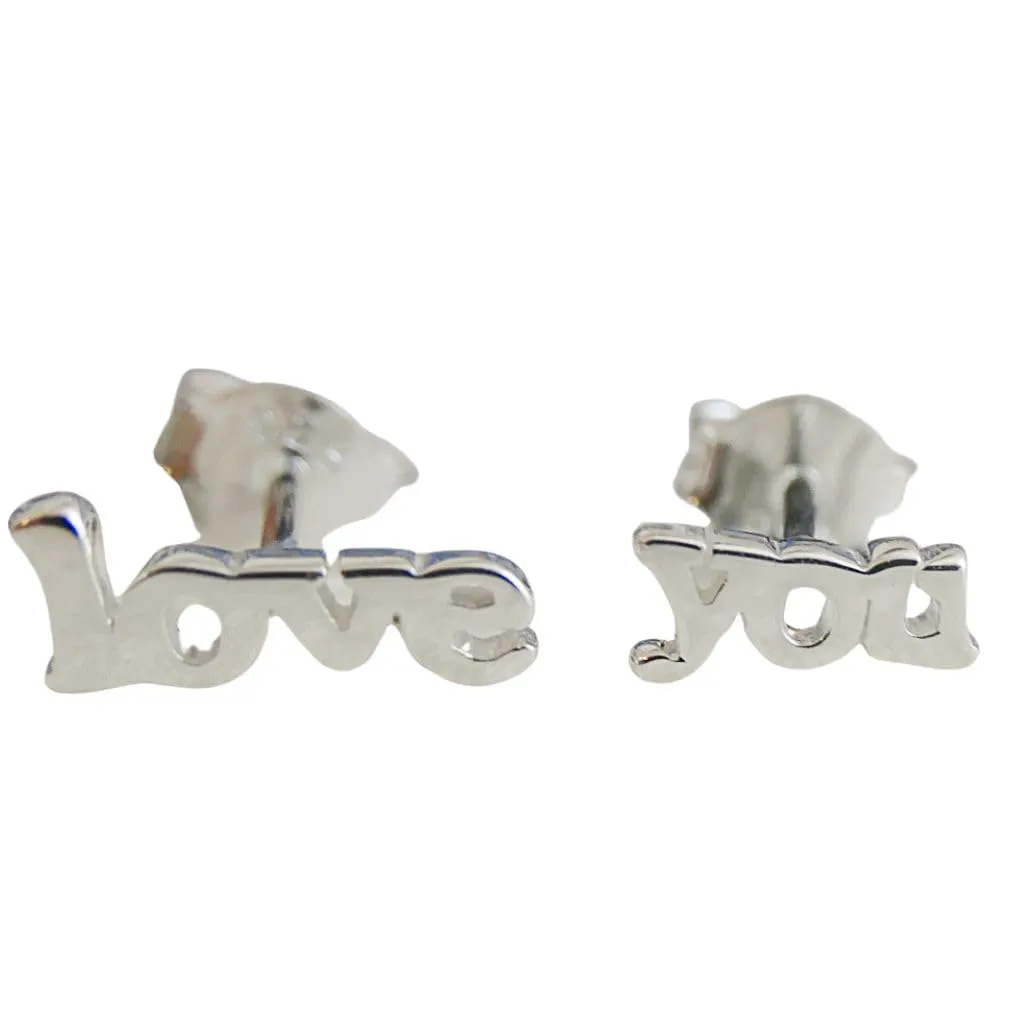 Love You Text Word Dainty Tiny Sterling Silver Stud Earrings - Handmade Minimalist Jewelry Gift Ideas for Women and Girls - Hypoallergenic Earrings - Birthday Anniversary Mother's Valentine's Day
